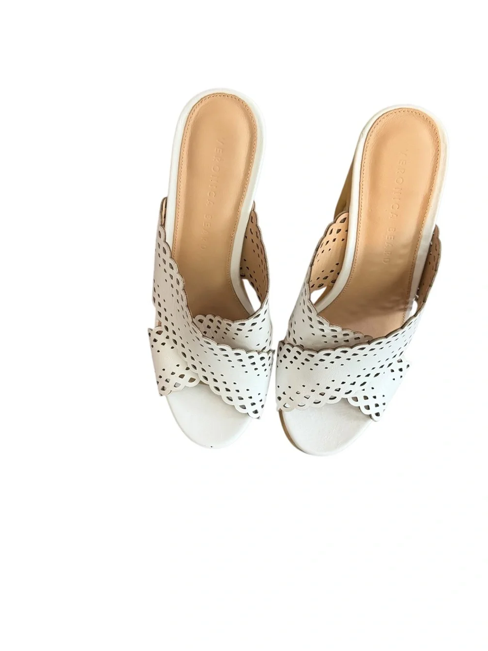 Veronica Beard Gaynor White Scalloped Leather Platform Mule with Wood Heel Clogs